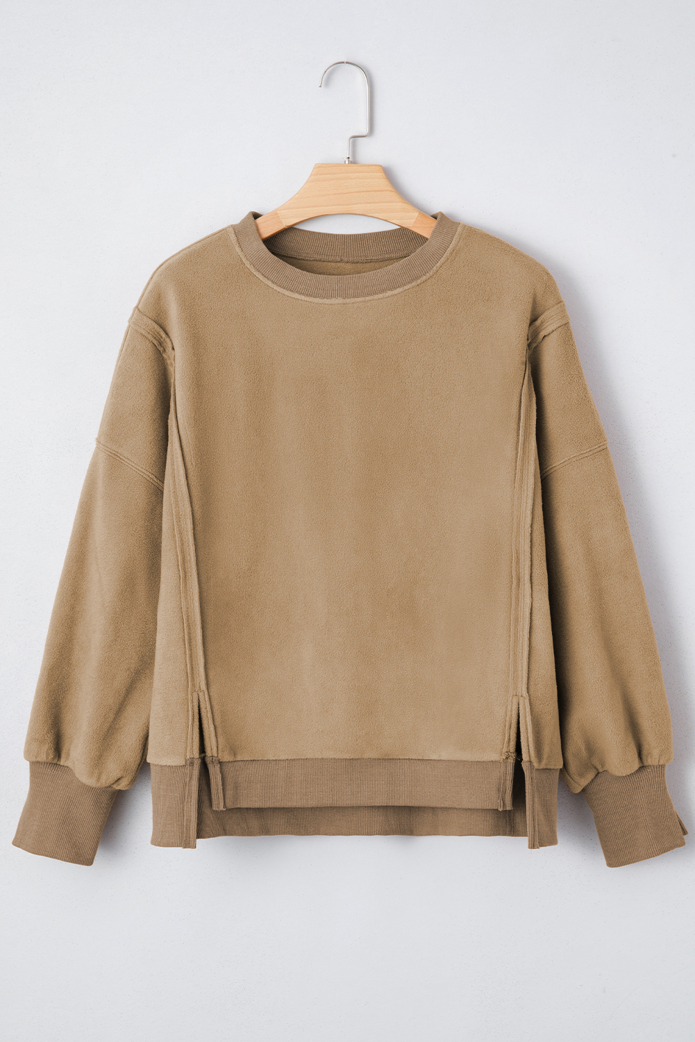 Dark Khaki Fuzzy Sherpa Splicing Pullover Sweatshirt with Side Slit