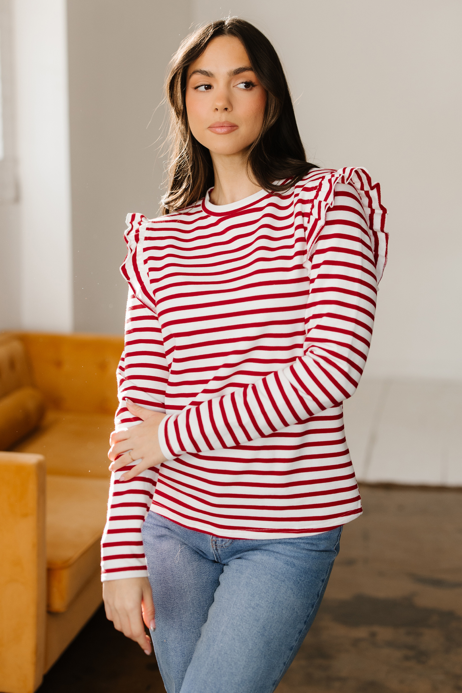 Red Stripe Round Neck Ruffle Trim Long Sleeve Top