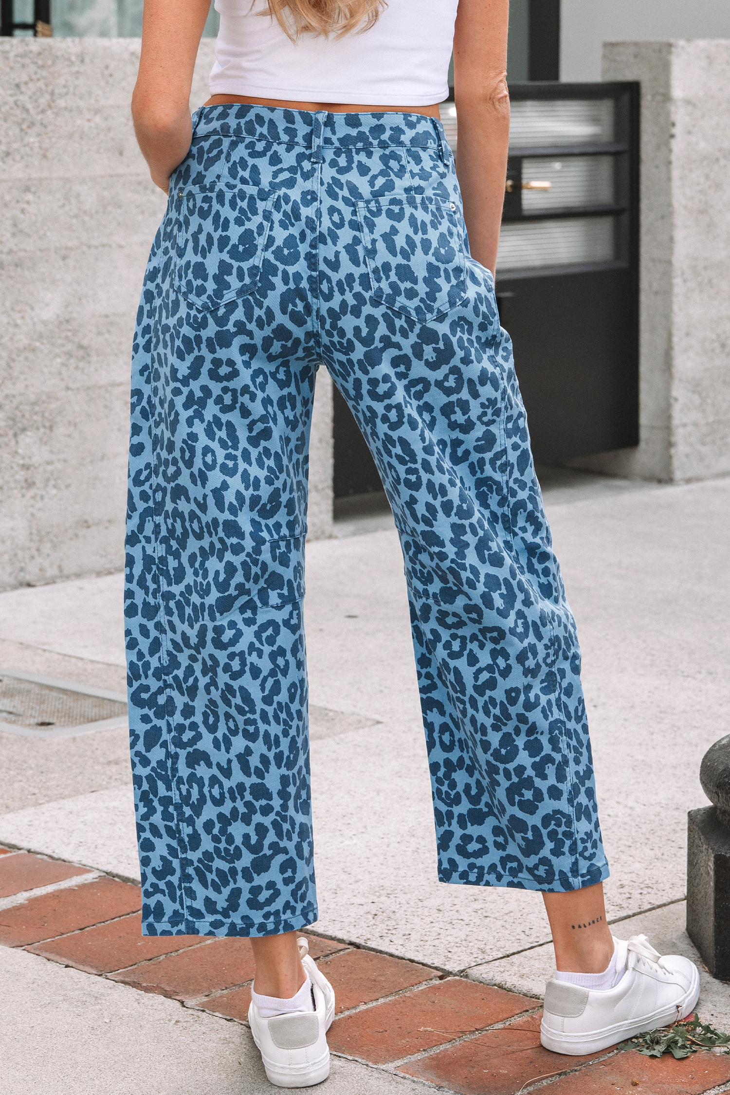 Khaki Leopard Print Straight Loose Jeans
