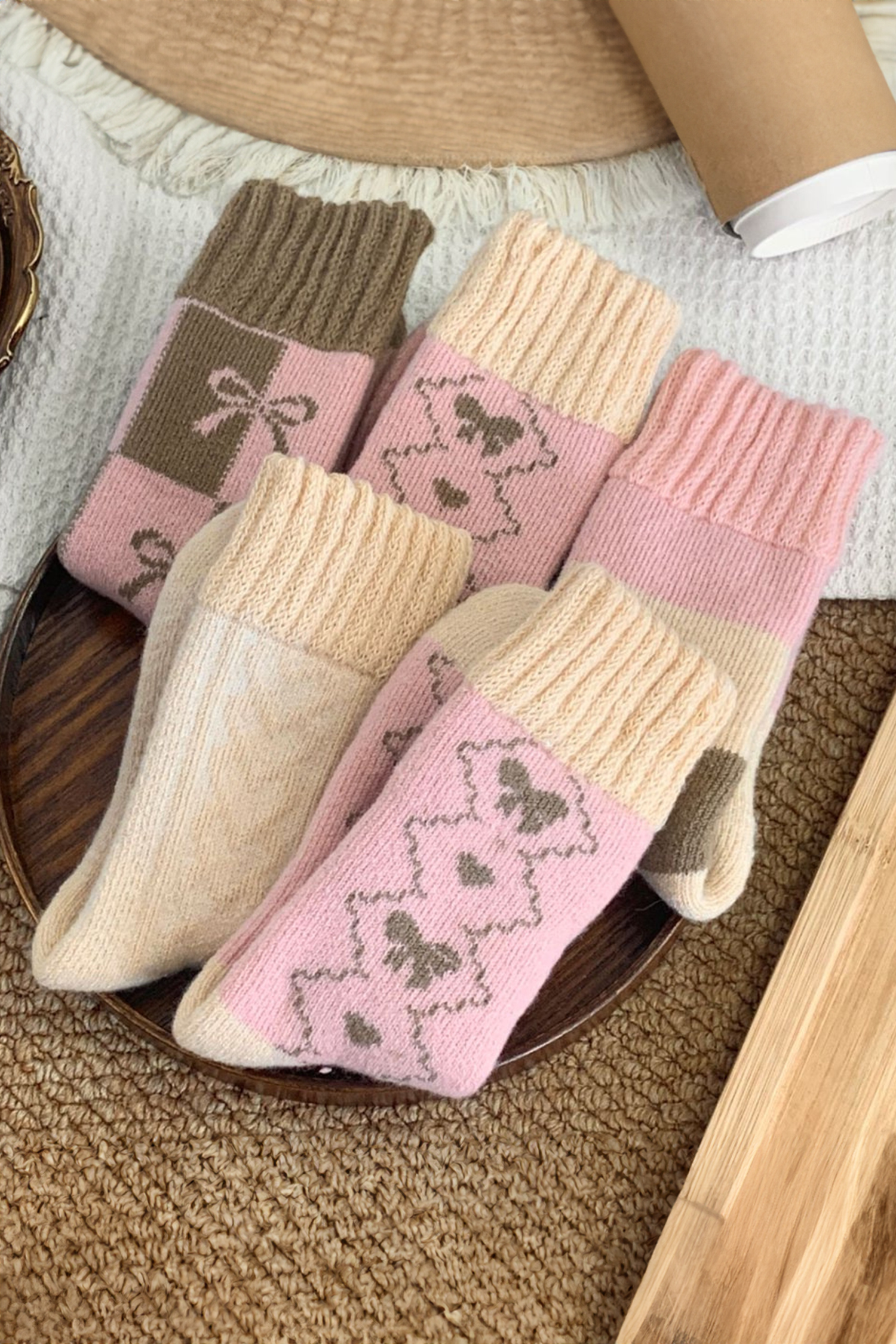 Pink Geometric Bow Heart Printed Ribbed Cuffs Winter Socks