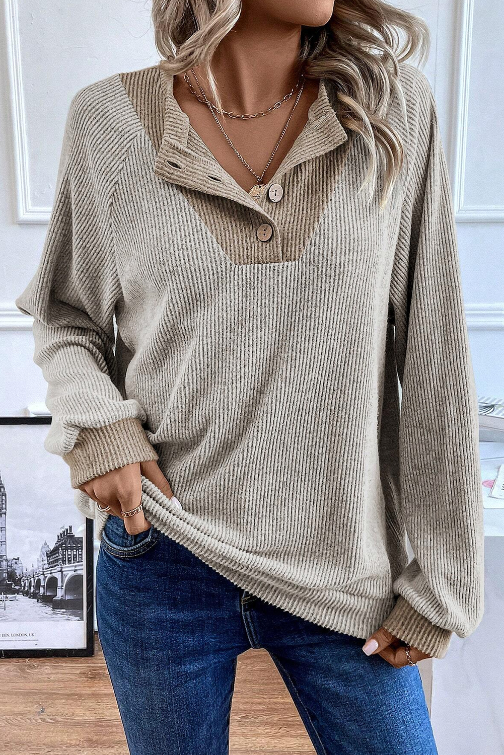 Contrast Ribbed Loose Fit Long Sleeve Top
