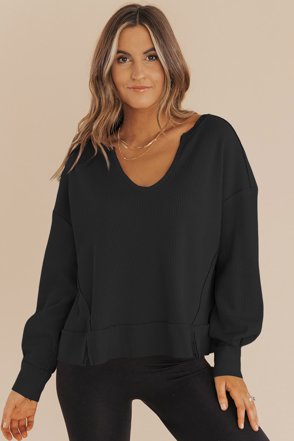Dark Brown Waffle Knit Notched V Neck Drop Shoulder Solid Sweatshirt