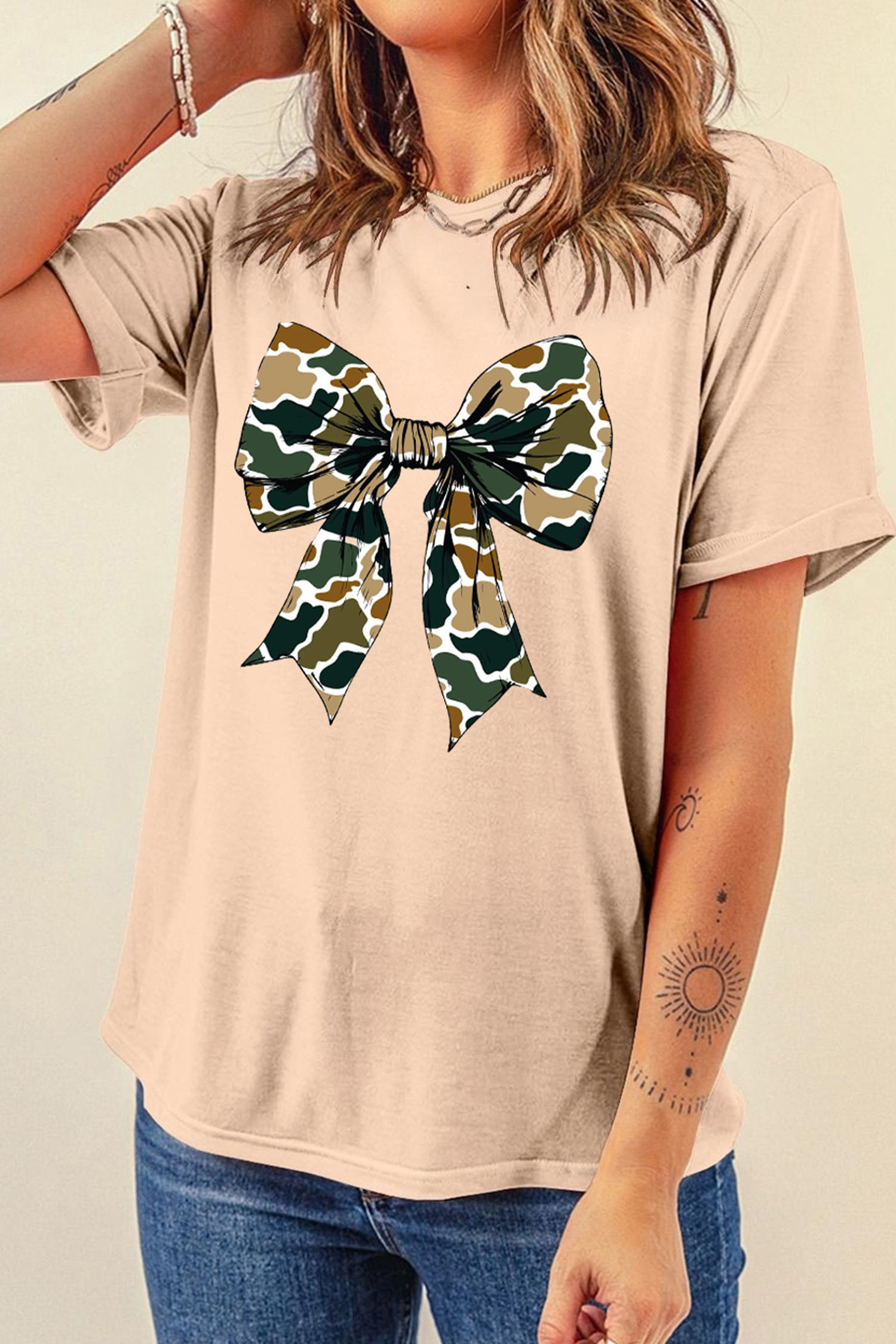 Khaki Camouflage Big Bow Print Womens Casual Tee