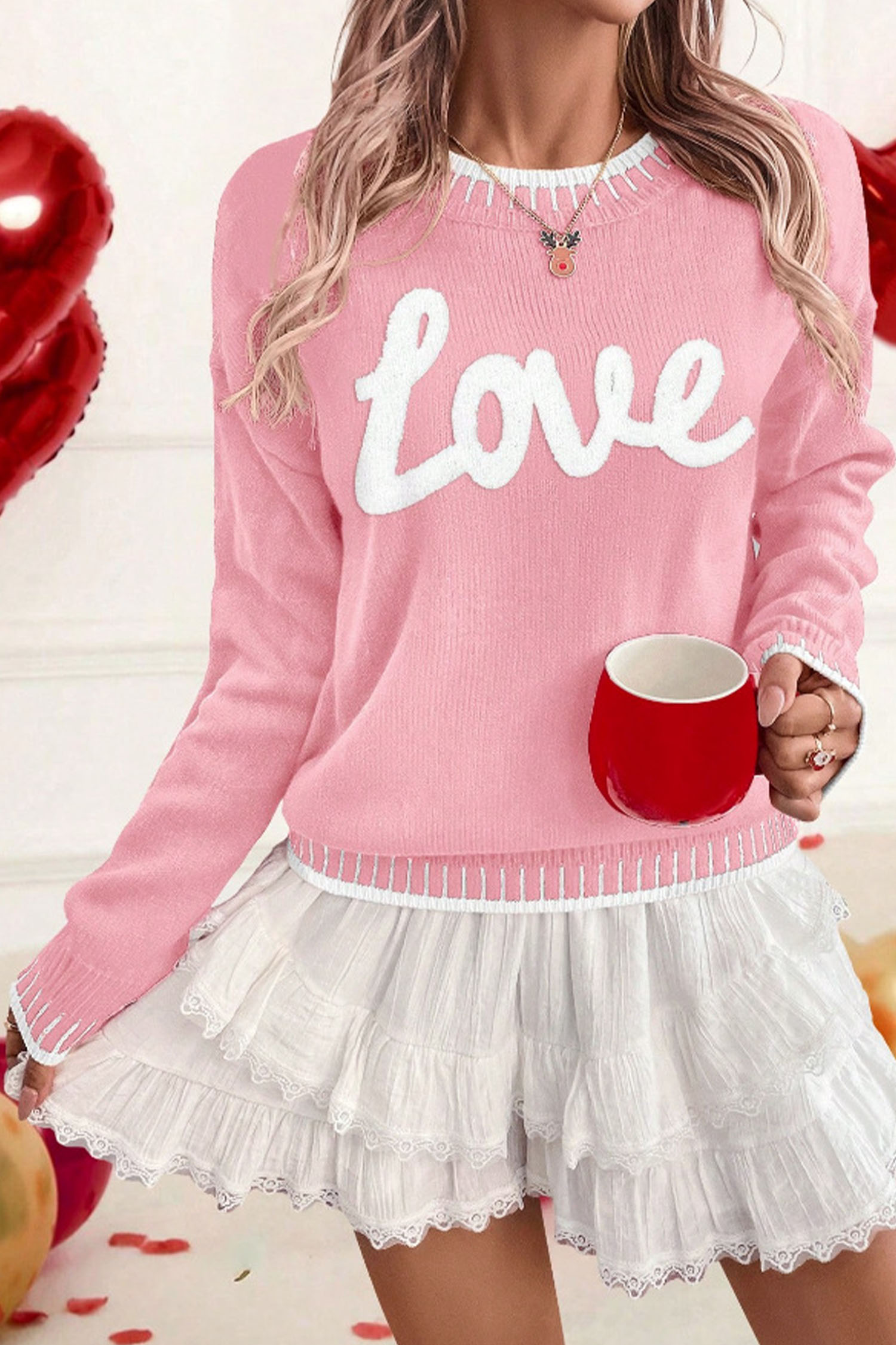 Light Blue Valentine Love Chenille Letter Graphic Sweater