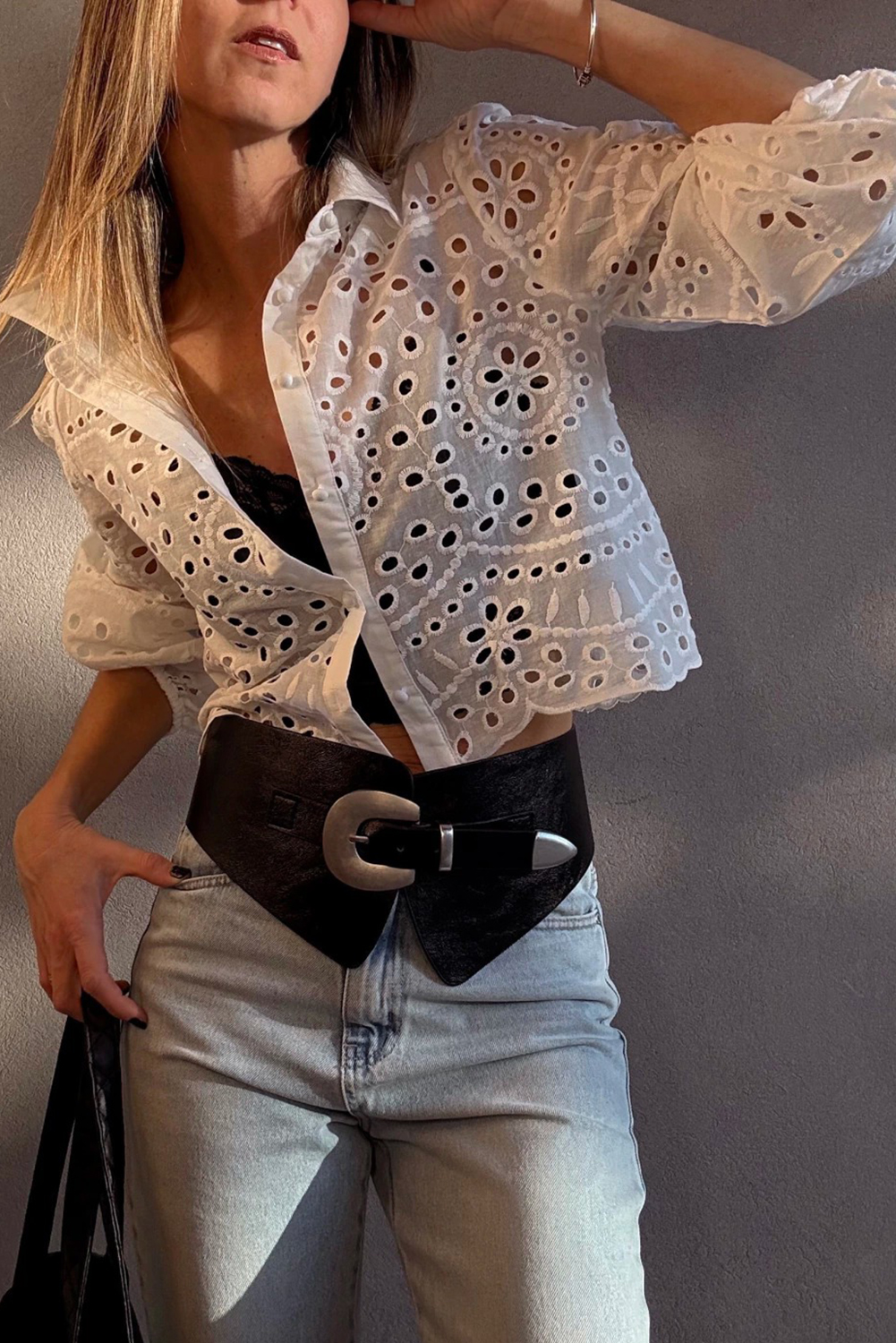 White Eyelet Embroidered Puff Sleeve Crop Shirt