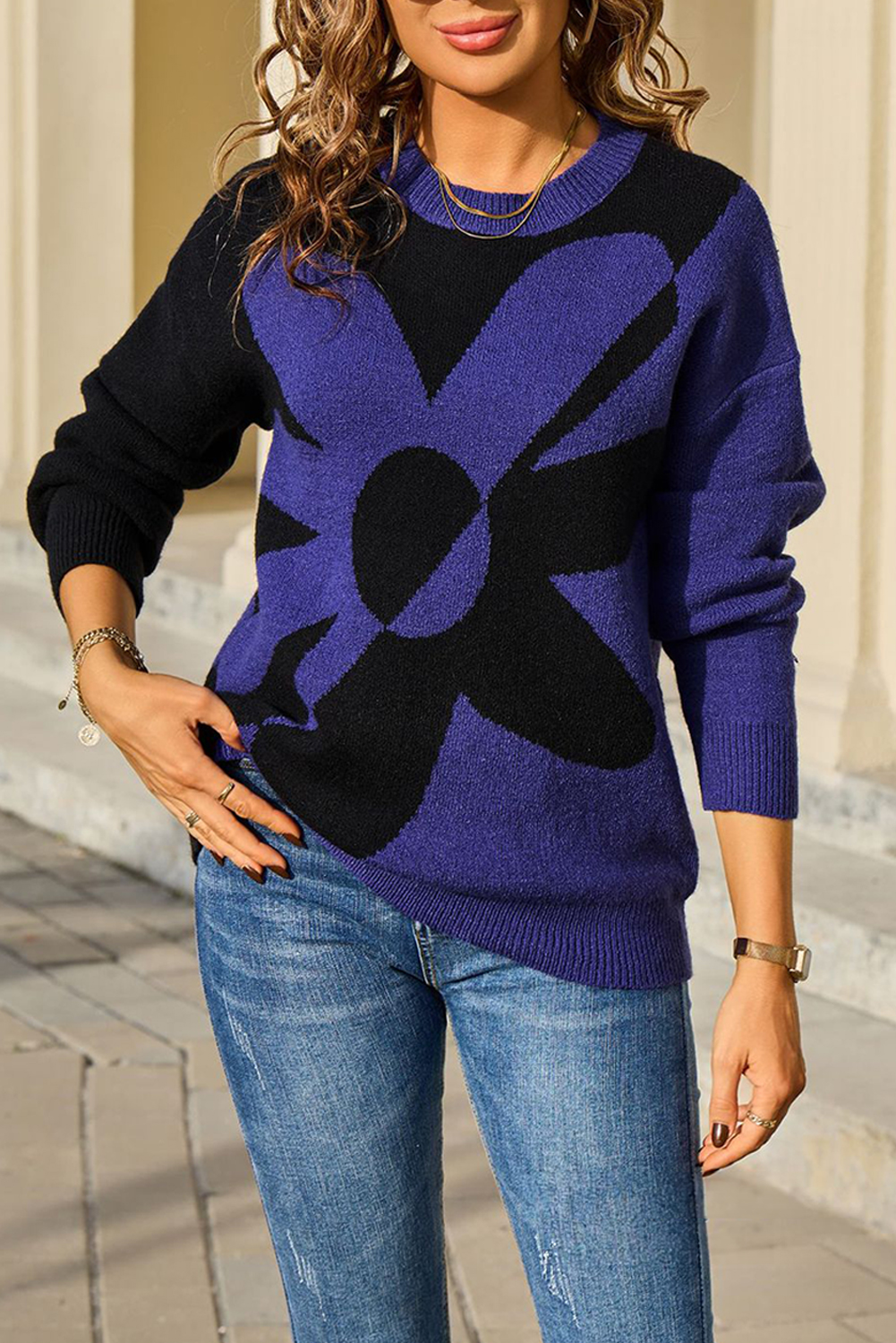 Black 2-tone Contrast Flower Pattern Drop Shoulder Bulk Sweater