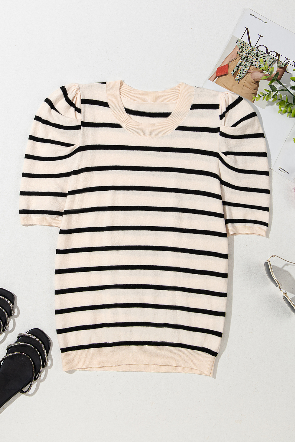 Blue Stripe Ribbed Trim Round Neck Bubble Sleeve Knitted Top