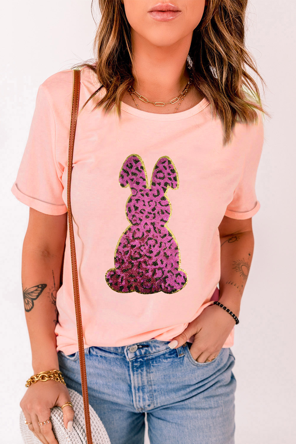White Rabbit Bow Knot Print Crew Neck T Shirt