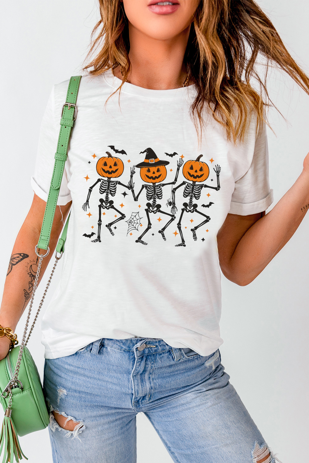 White Halloween Pumpkin Skeleton Graphic Cotton Blend Tee