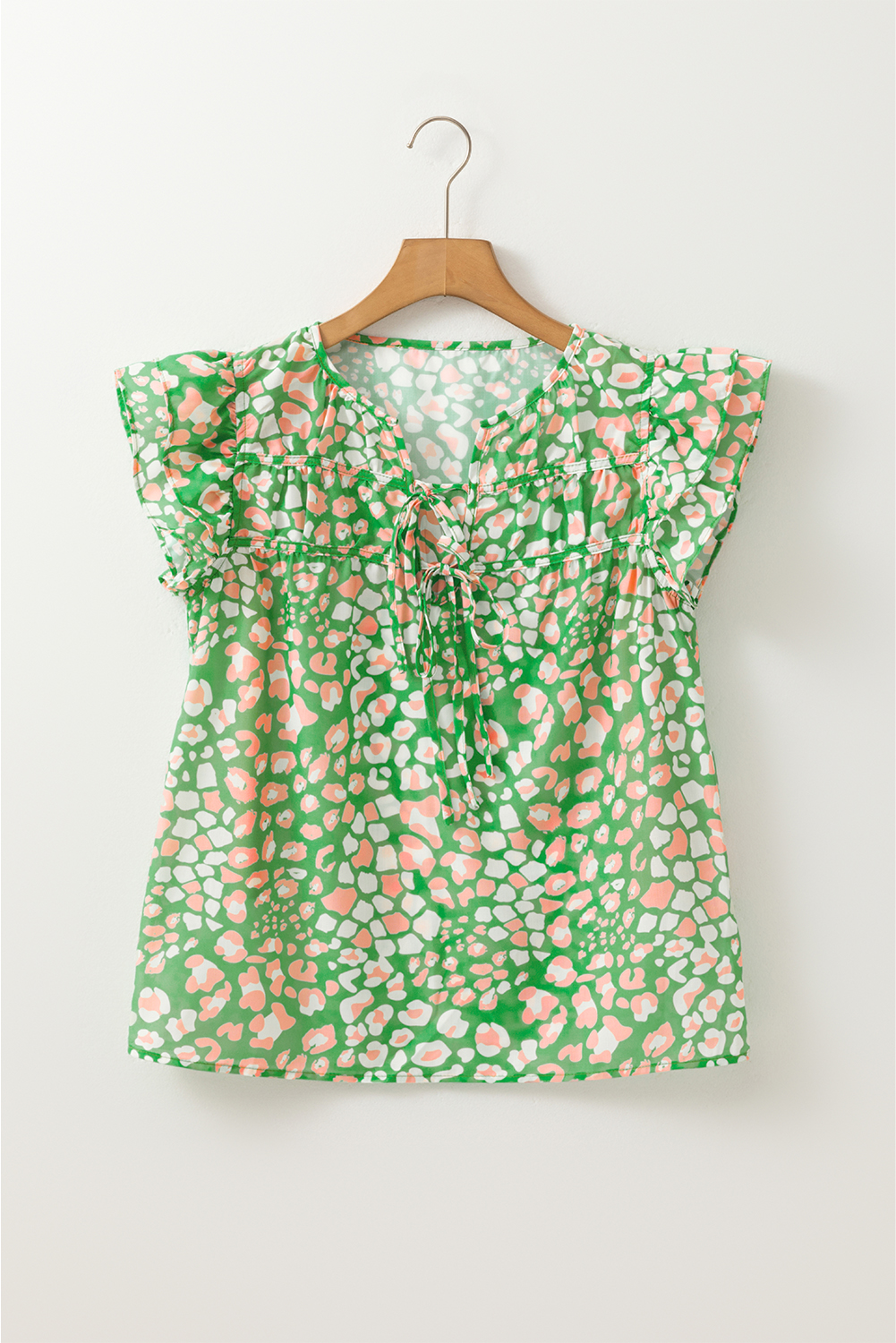 Green Abstract Leopard Tied Front Flutter Sleeve Blouse