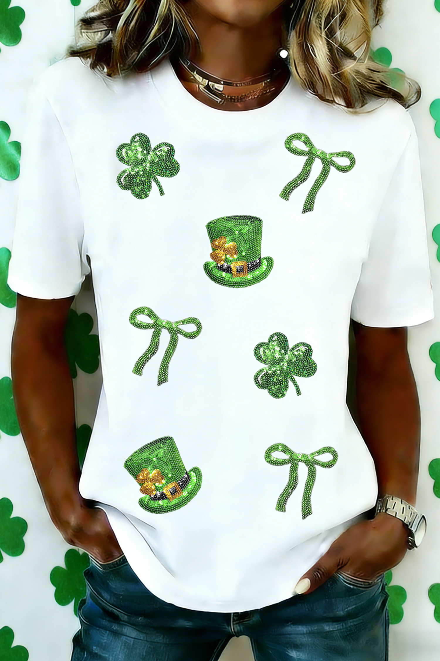 White Coquette St Patricks Day Sequin Graphic T Shirt