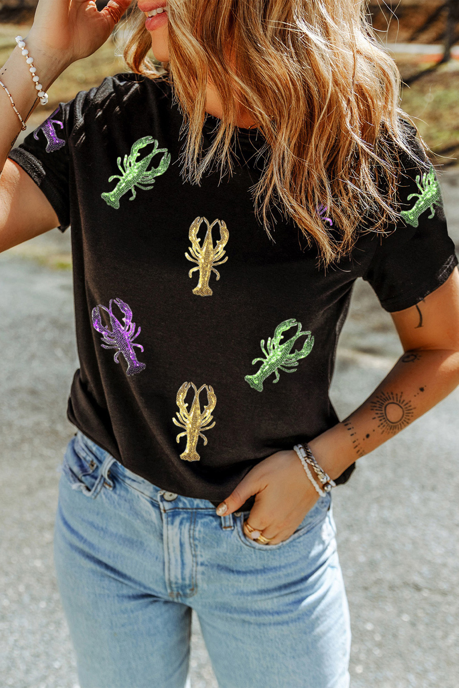 Black Lobster Patched Pattern Festive T Shirt