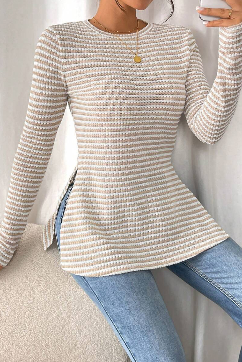 Jet Stream Striped Knit Side Slit Slim Round Neck Tunic Top