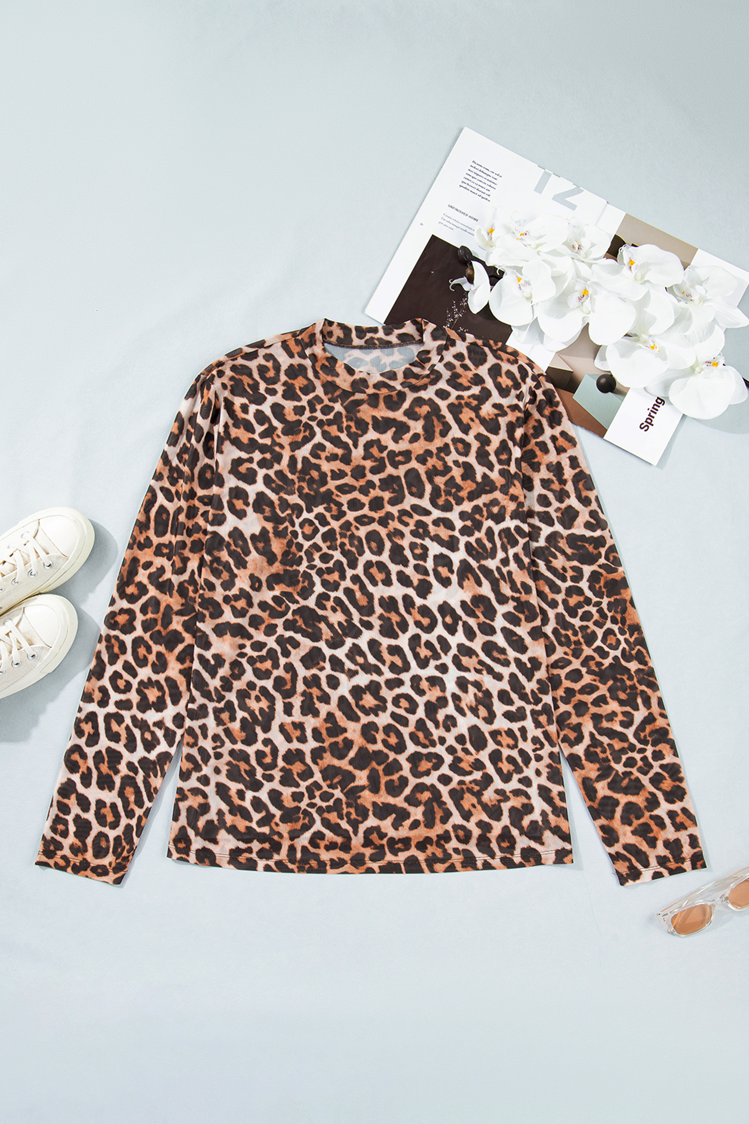 Brown Leopard Mock Neck Long Sleeve Mesh Top