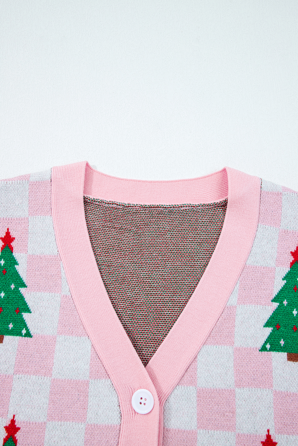 Pink Checkered Christmas Tree Pattern Button V Neck Cardigan Sweater