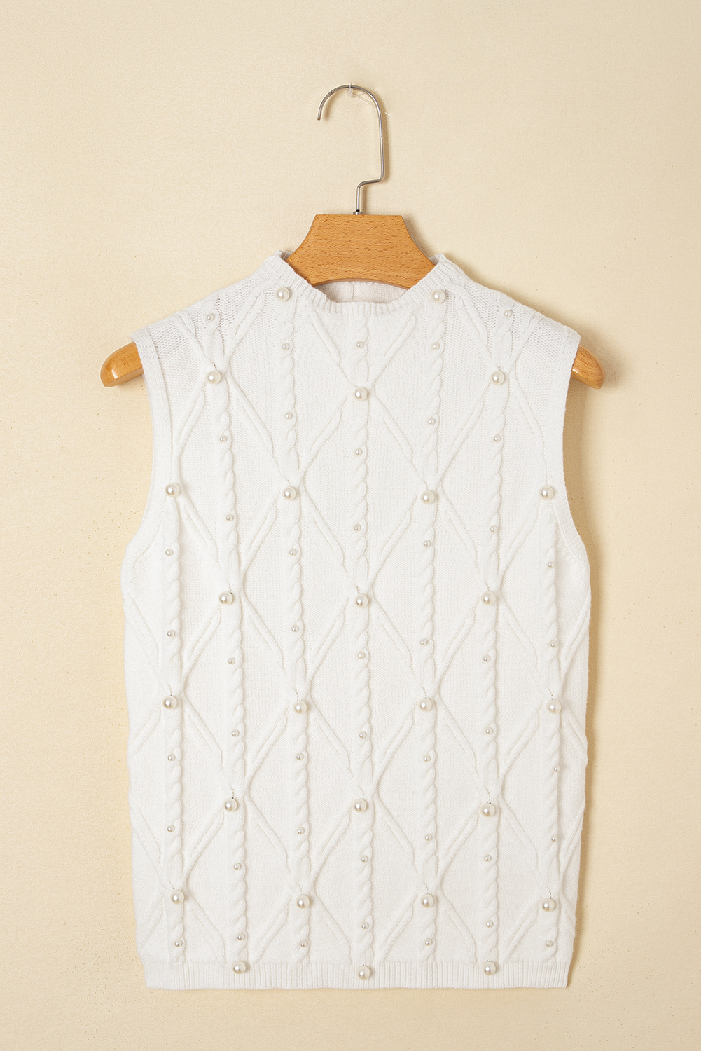 White Pearled High Neck Textured Knit Sweater Vest