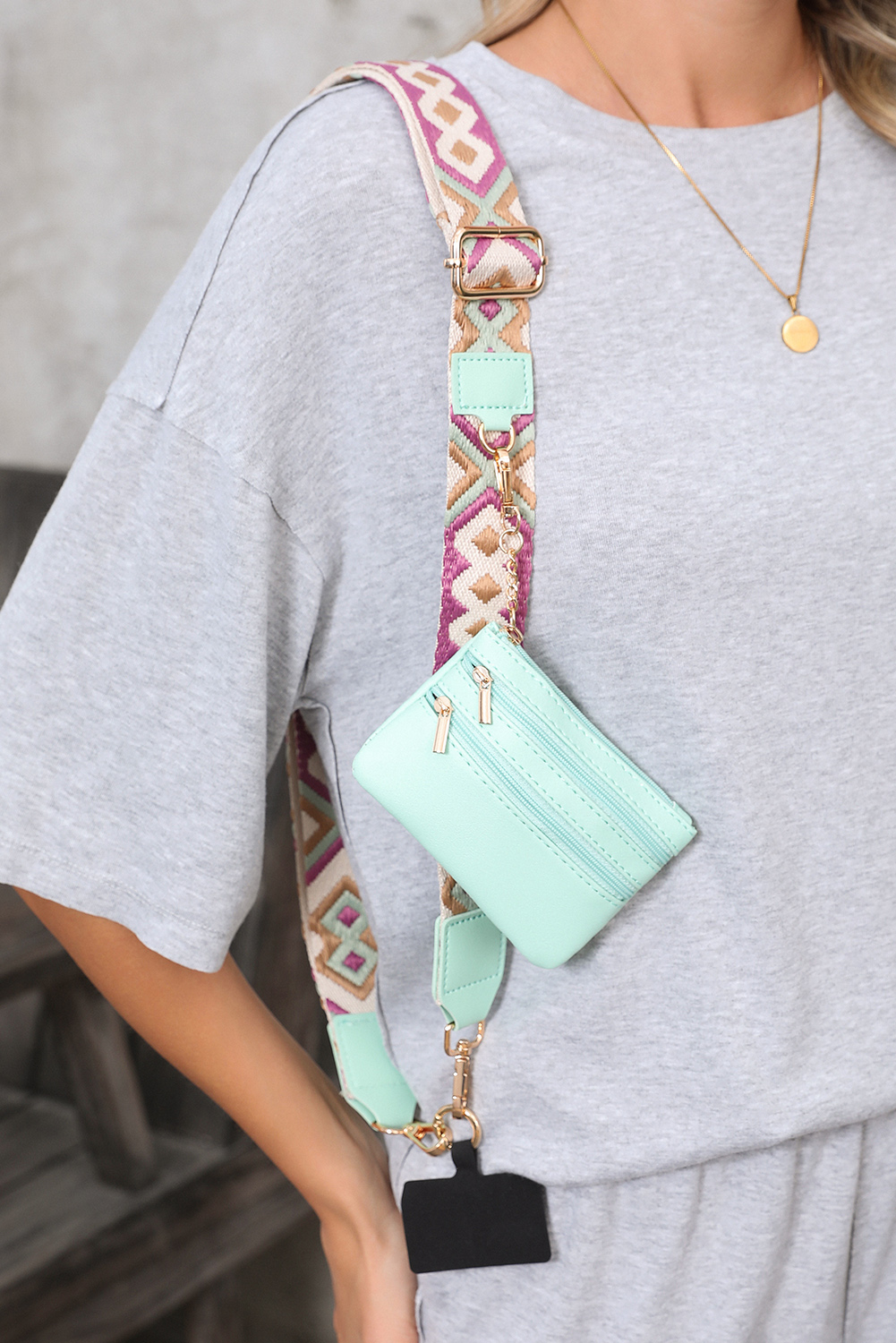 Sea Green Geometric Printed Phone Strap And Detachable Zipped Pouch