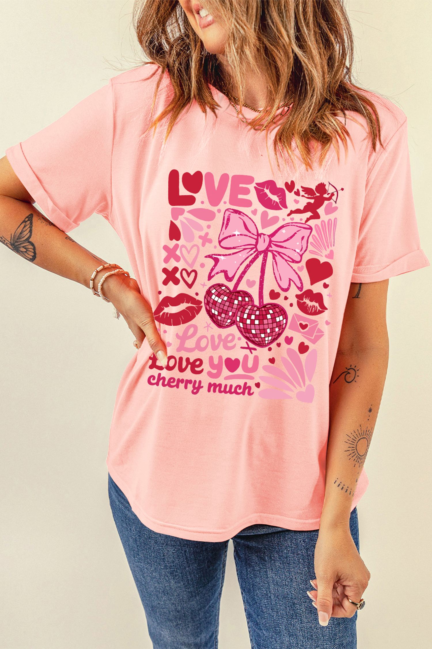 Pink Love You Cherry Much Valentines Day Graphic Tee
