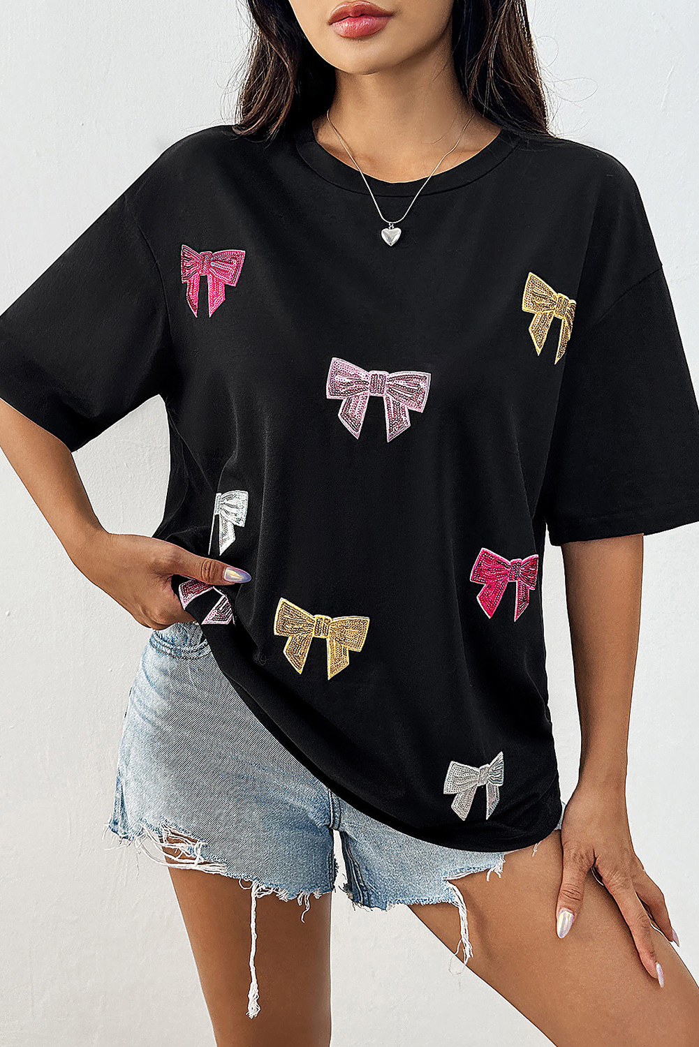 Black Shiny Bow Loose T Shirt