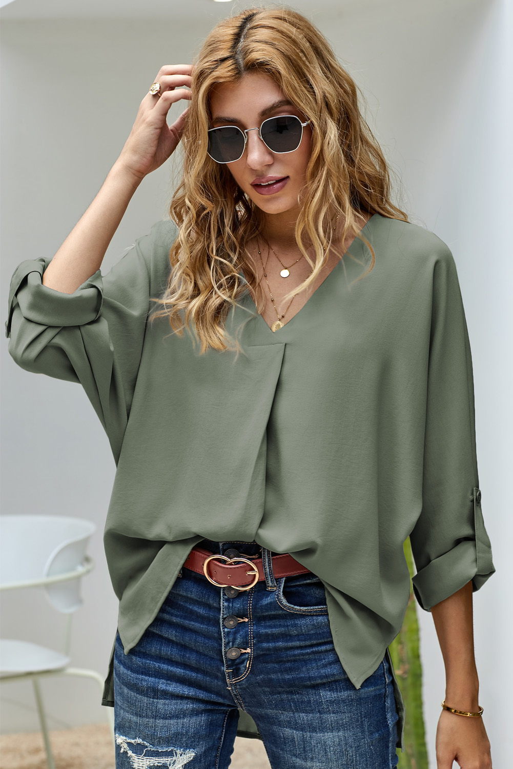 Green V Neck 3/4 Sleeve High Low Hem Shirt