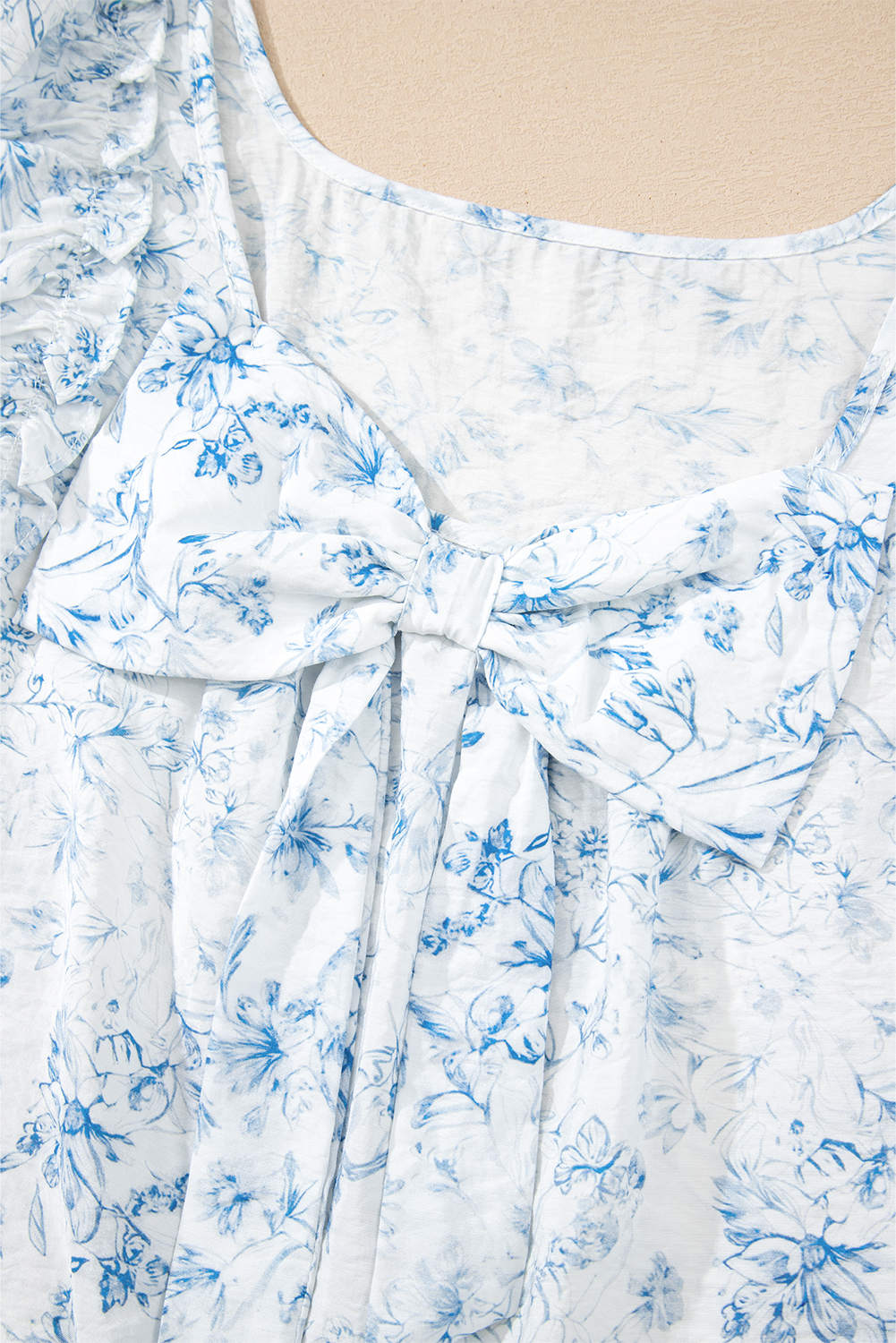 Beau Blue Textured Bow Knot Frilled Butterfly Sleeve Blouse