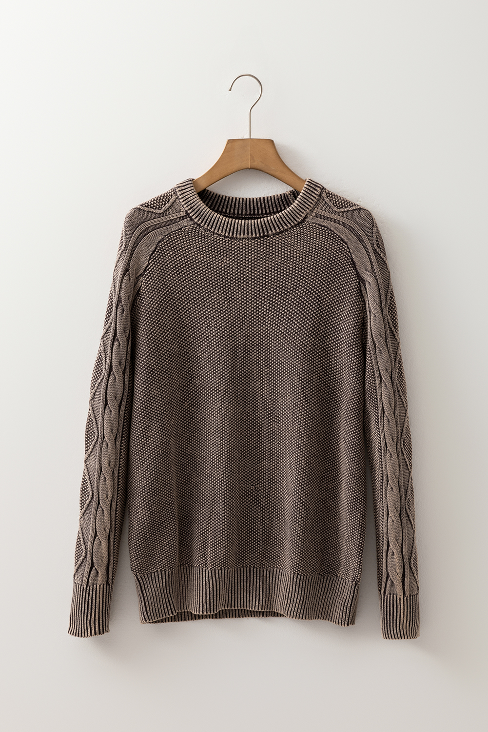 Dark Brown Contrast Cable Knit Sleeve Casual Sweater