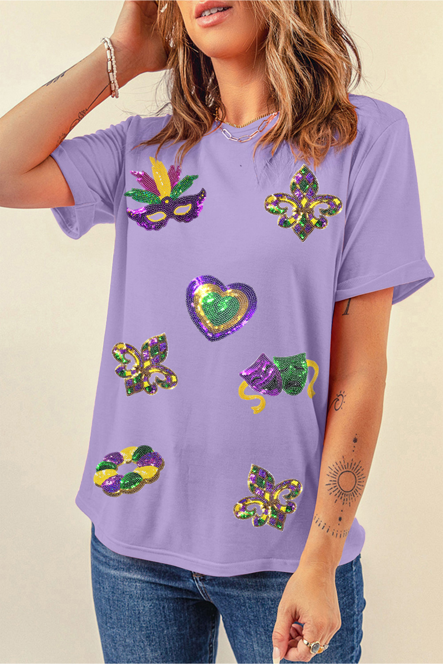 White Sequined Mardi Gras Symbolic Pattern Casual Tee