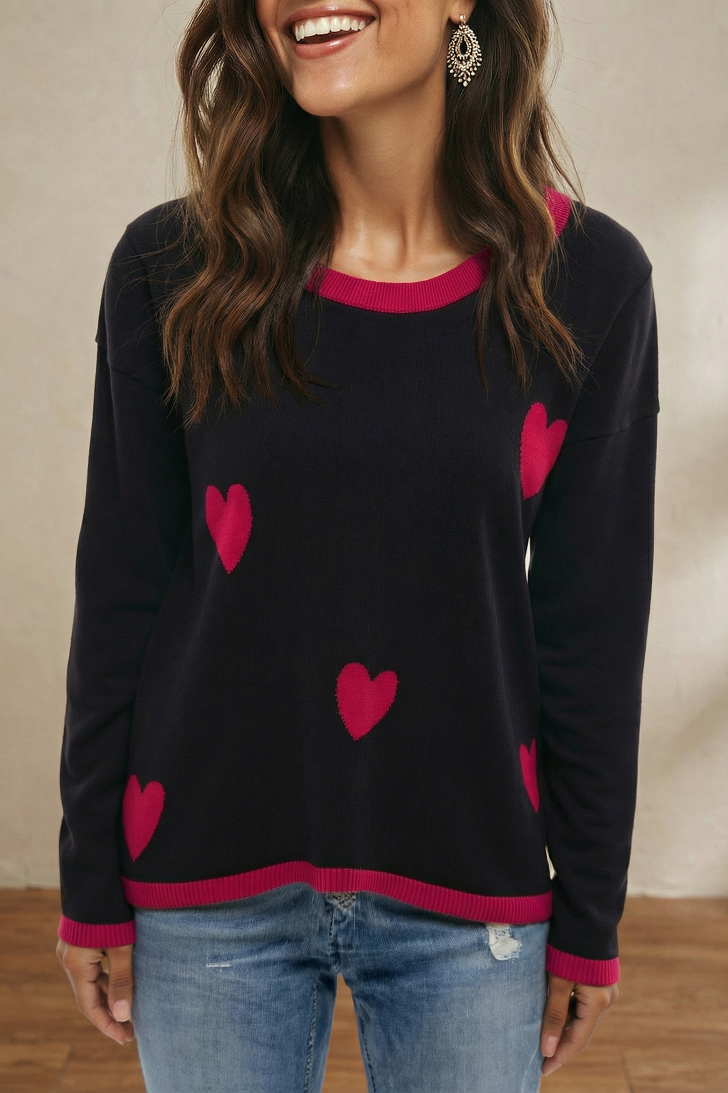 Black white Heart Print Contrast Trim Drop Shoulder Sweater