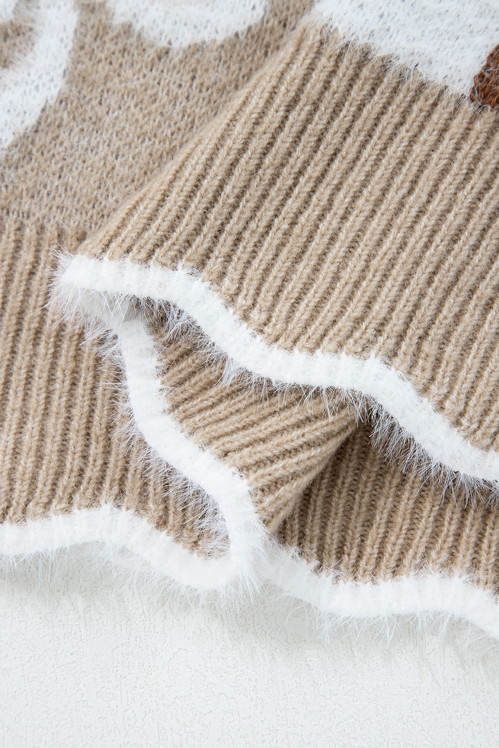 Smoke Gray Plush Flower Pattern Scalloped Trim V Neck Sweater