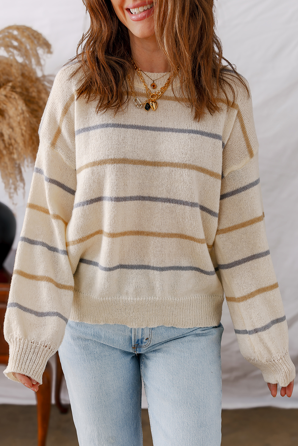 Multicolour Striped Buttoned Front V Neck Drop Shoulder Cardigan Sweater