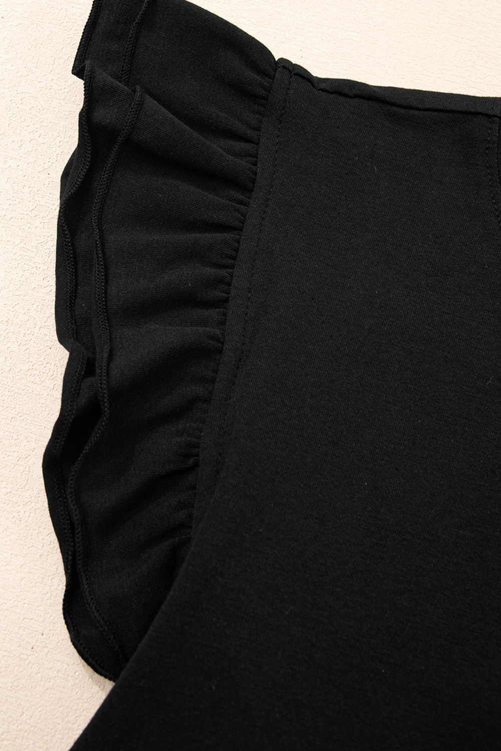 Black Ruffled Crew Neck Slim Fit Top