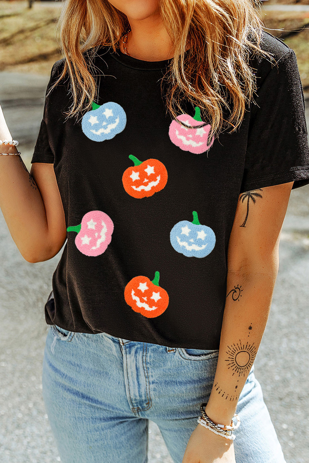 Black Chenille Pumpkin Patched Playful Halloween T Shirt