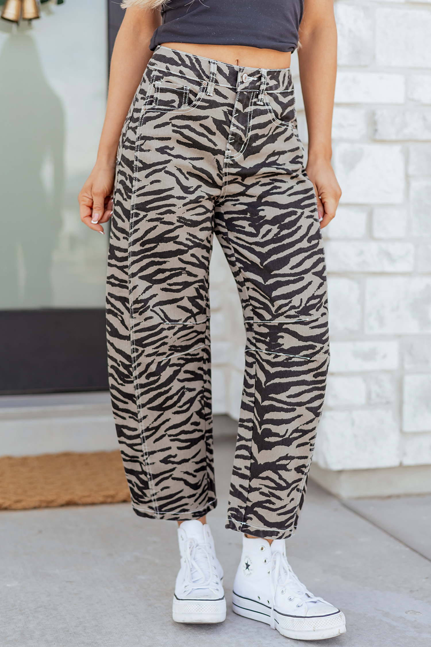 Gray Zebra Stripe Printed Wide Leg Jeans