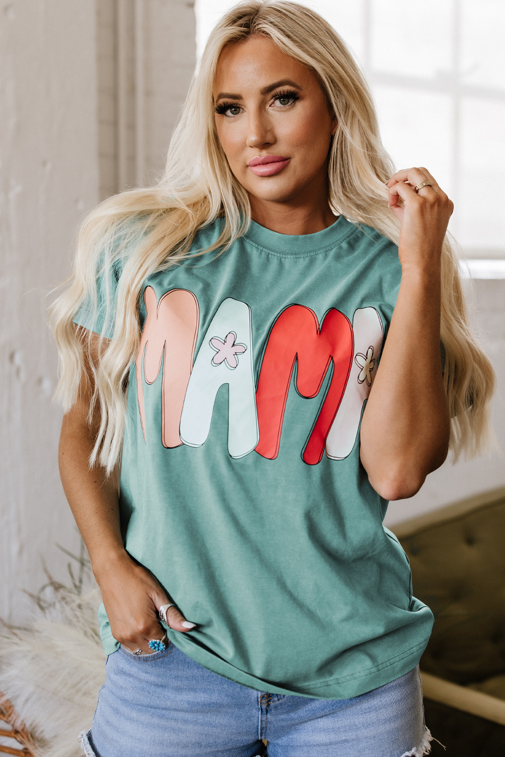 Sea Green MAMA Printed Mineral Wash Crewneck T Shirt