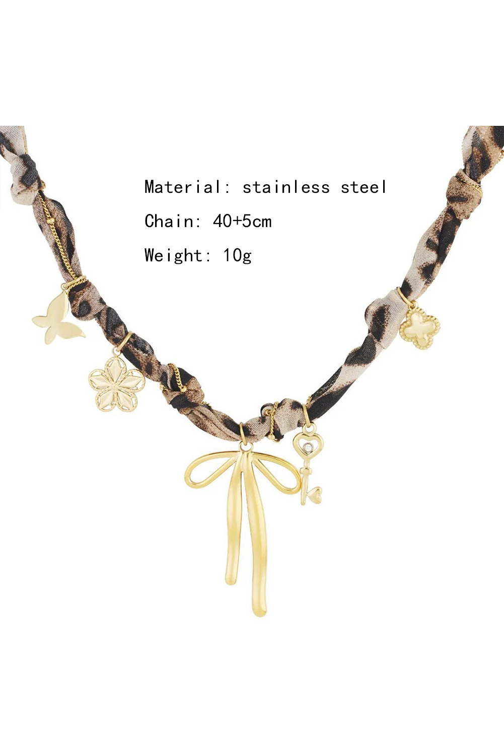 Gold Plated Bow Stainless Steel Pendant Leopard Scarf Necklace