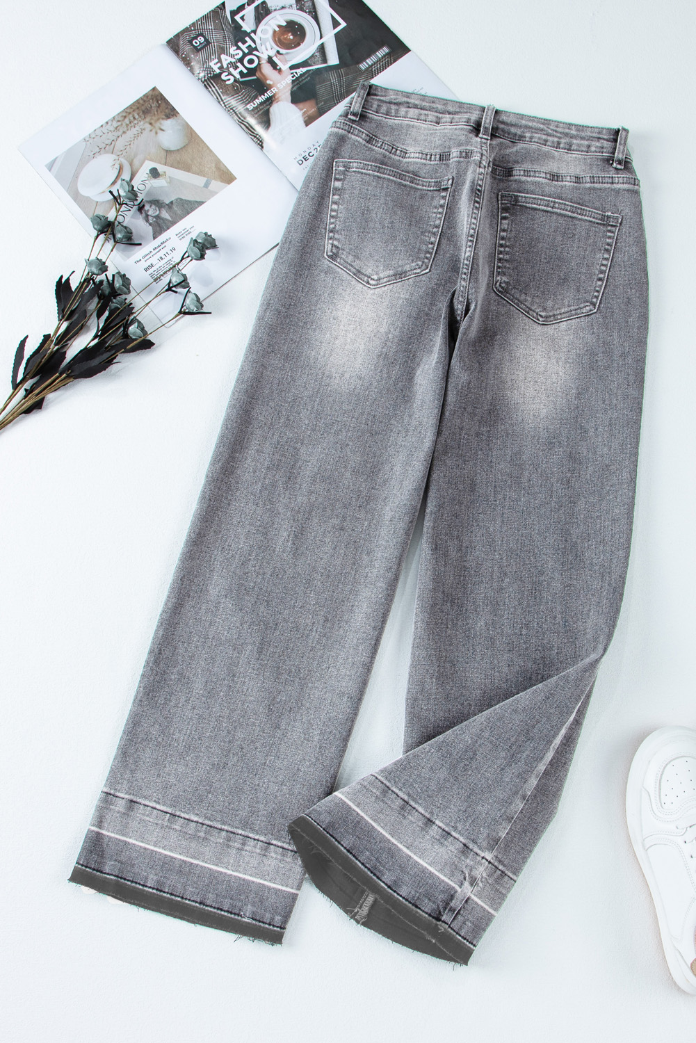 Gray Raw Hem Straight Leg Loose High Waist Jeans