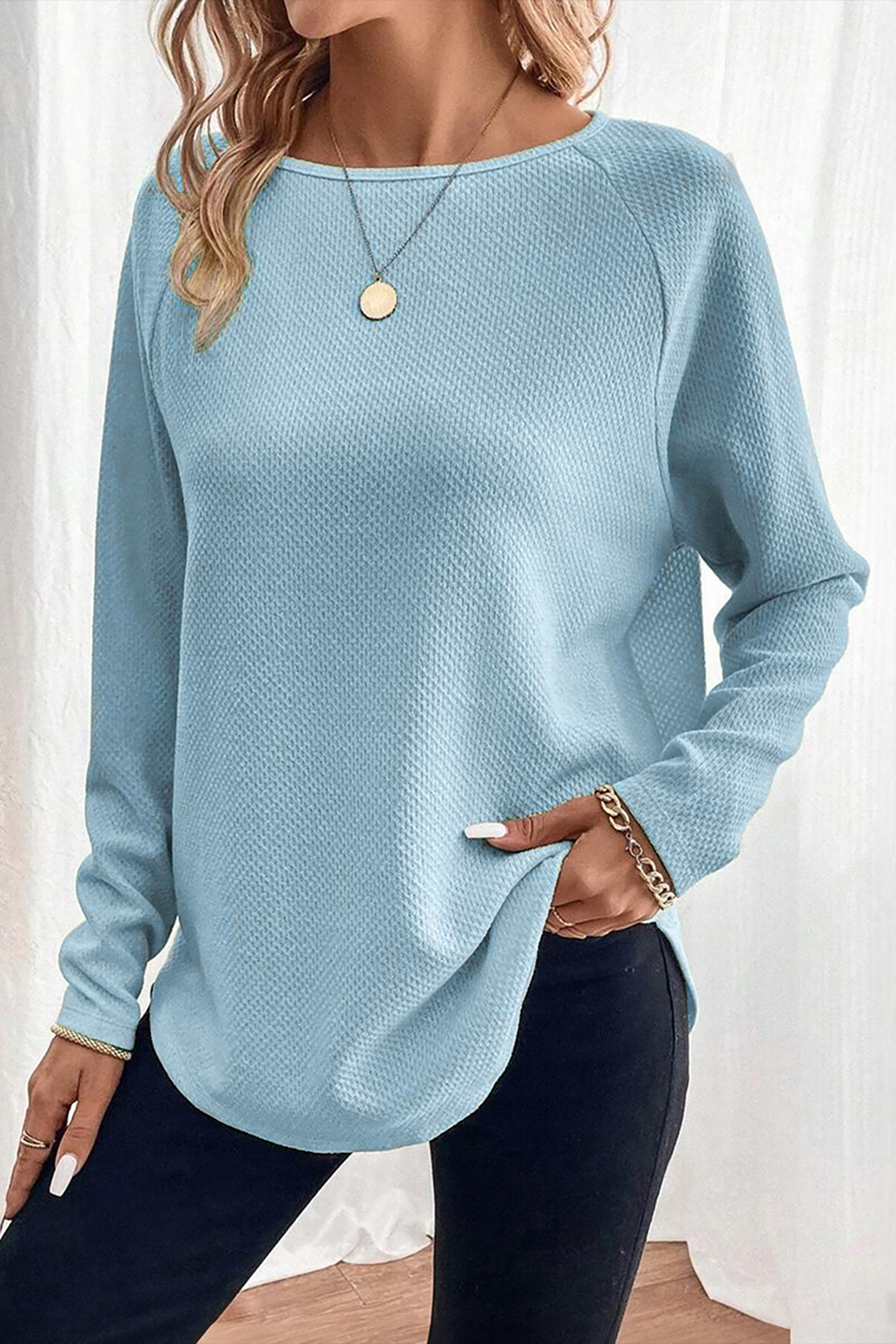 Moonlight Jade Textured Raglan Sleeve Knit Loose Top