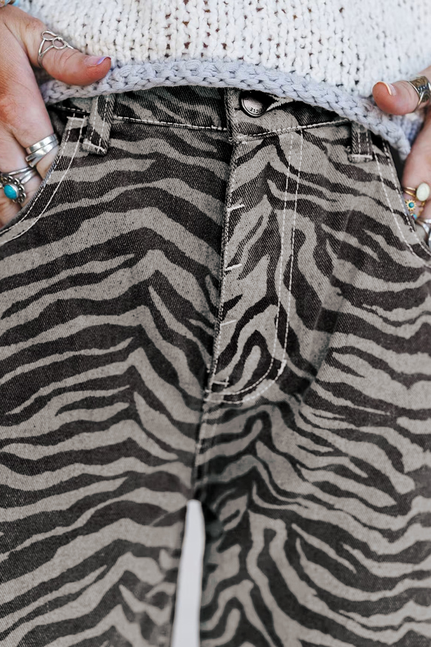 Gray Zebra Stripe Printed Wide Leg Jeans