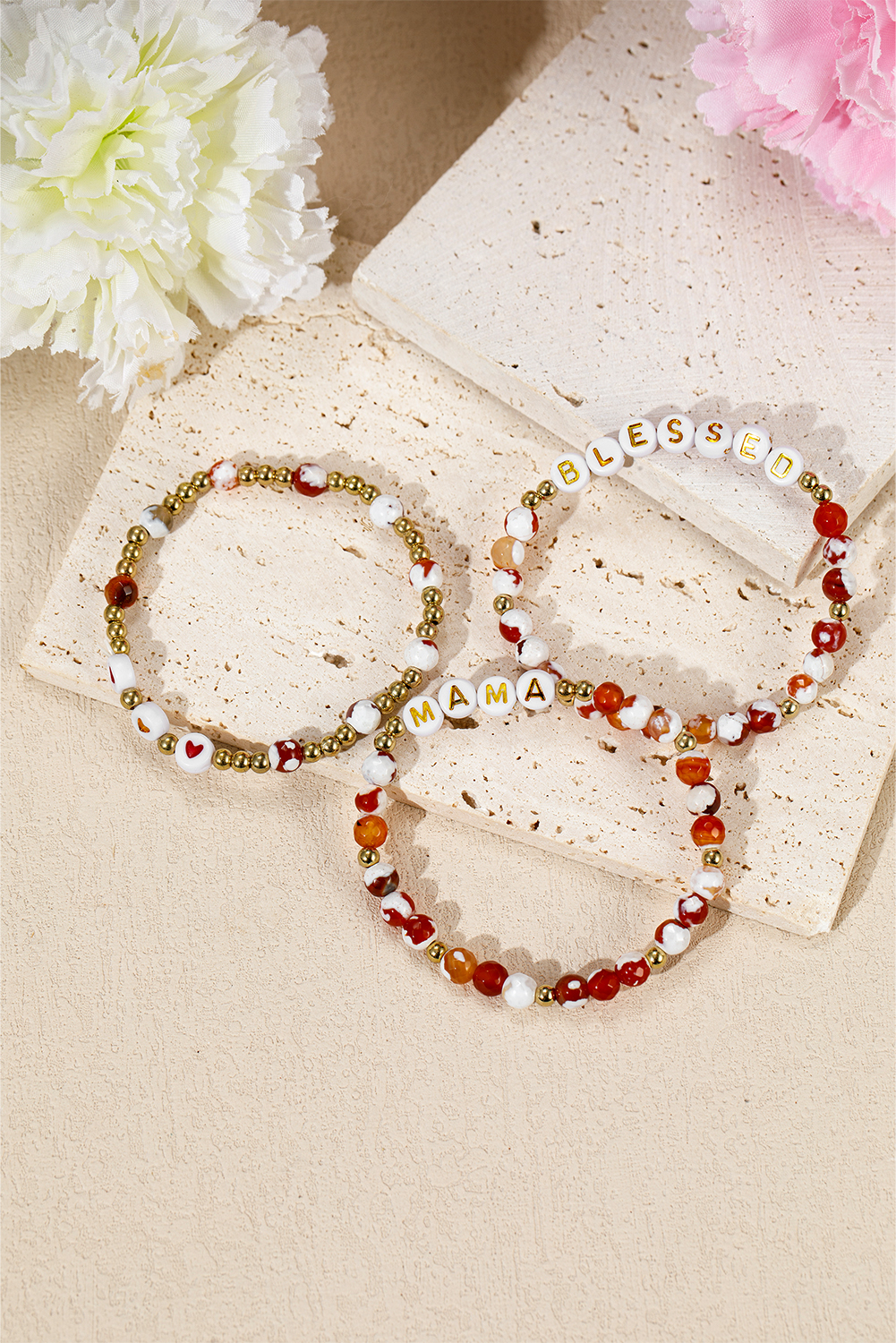 Gold MAMA Beaded Triple Layer Bracelet Set