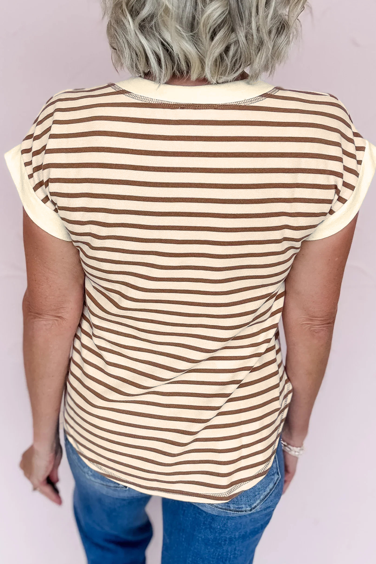 Khaki Stripe Half Buttons Round Neck T Shirt