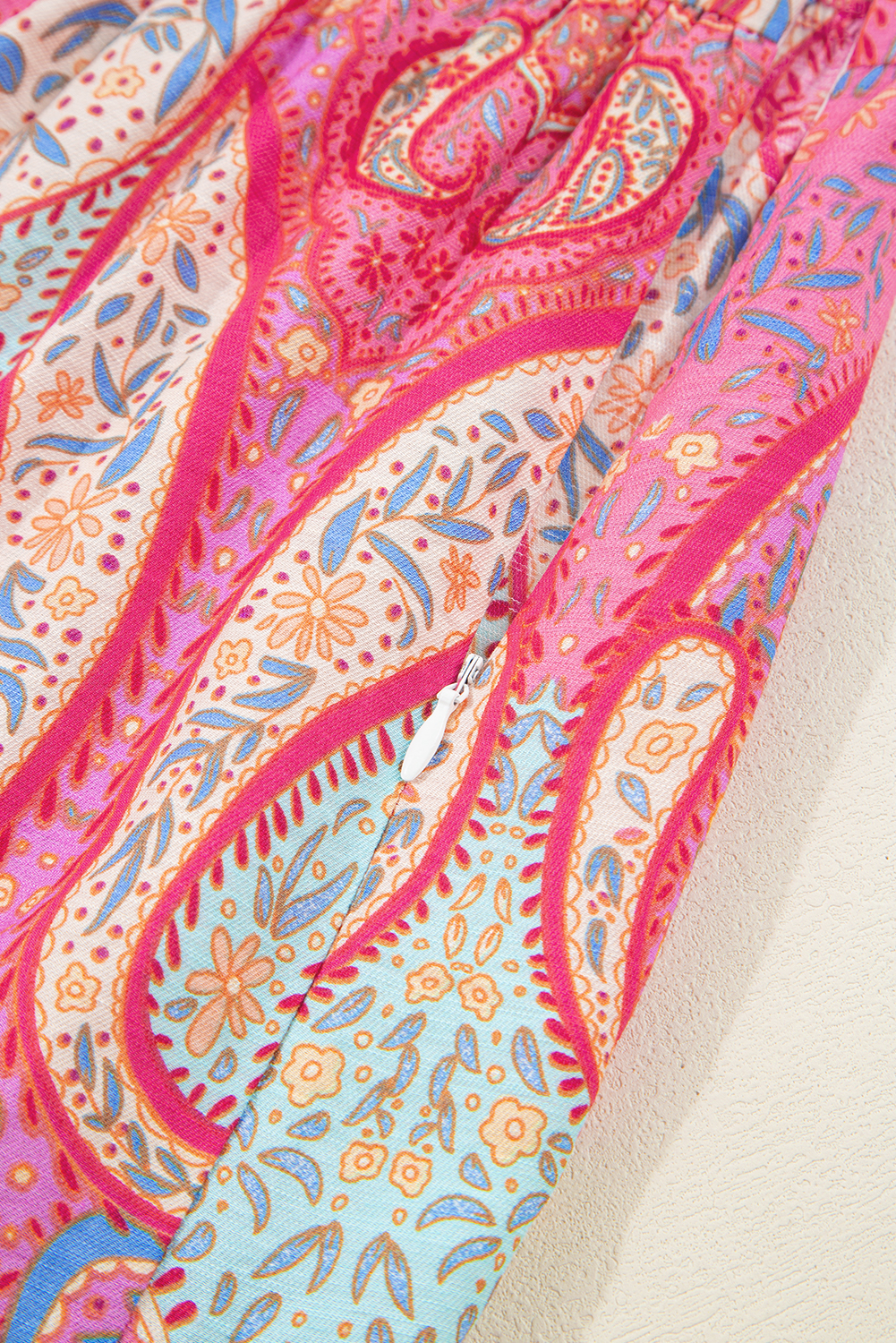 Rose Tribal Paisley Print Ruffled Sleeve Notch Neck Midi Dress