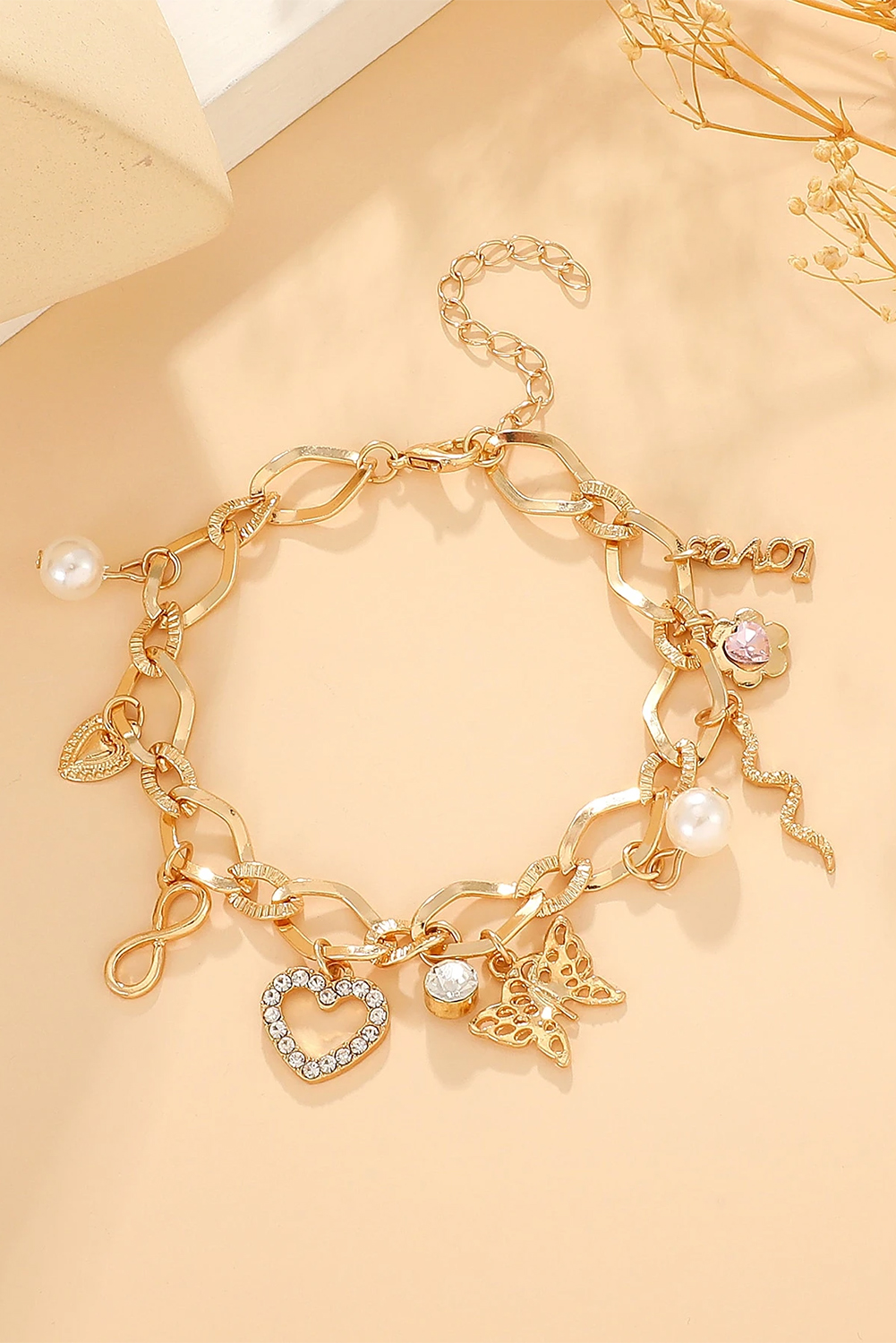 Gold Heart Butterfly Pearl Charm Plated Alloy Bracelet