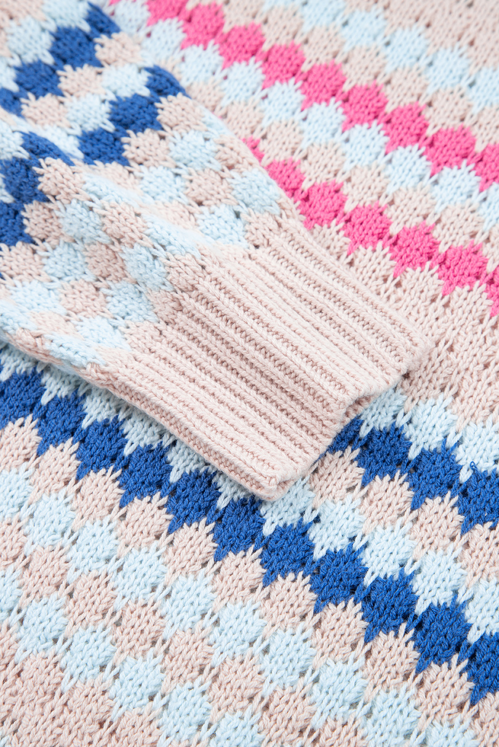 Brown Stripe Eyelet Patterned Drop Shoulder Sweater