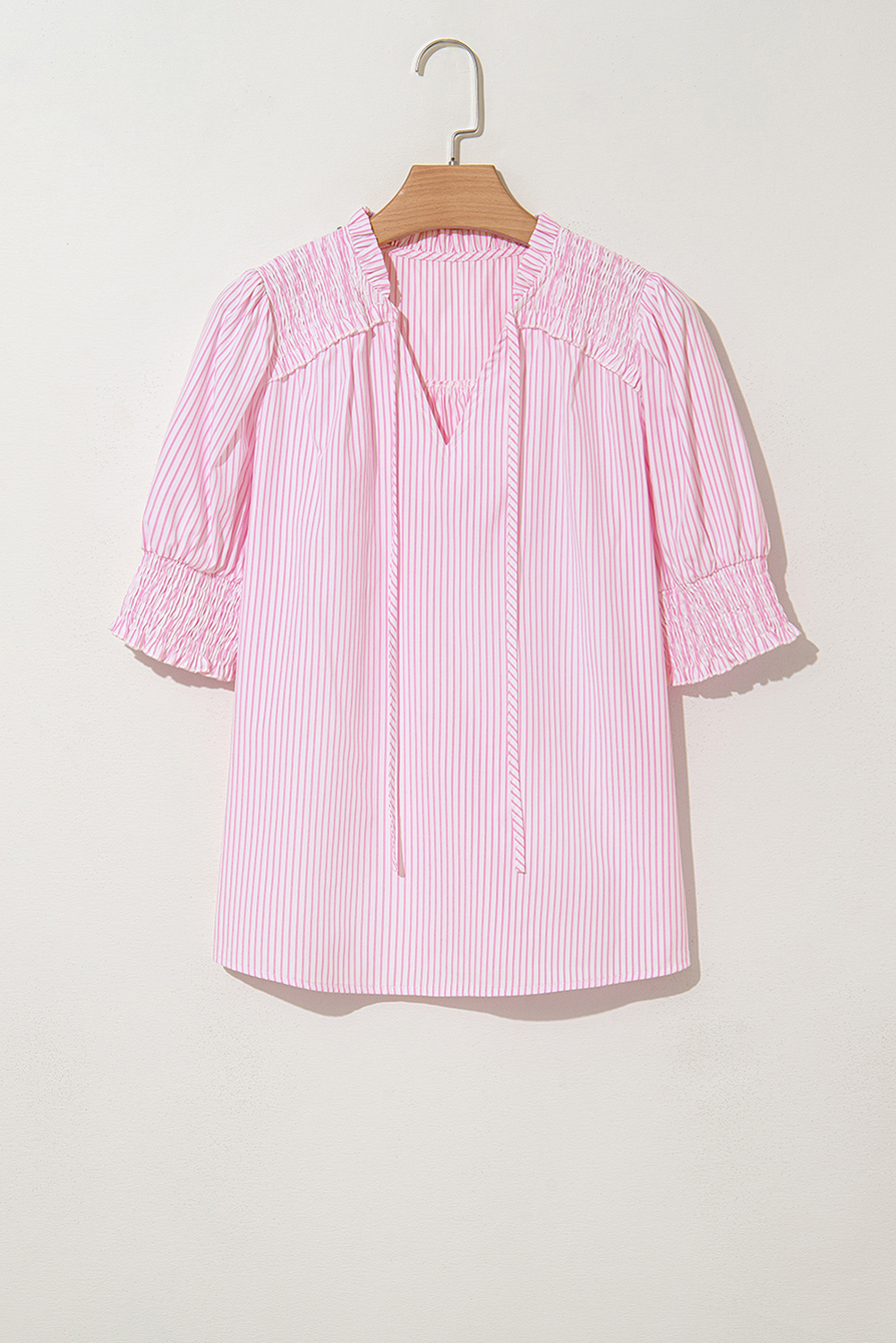 Gray Stripe Shirred Detail V Neck Puff Half Sleeve V Neck Blouse