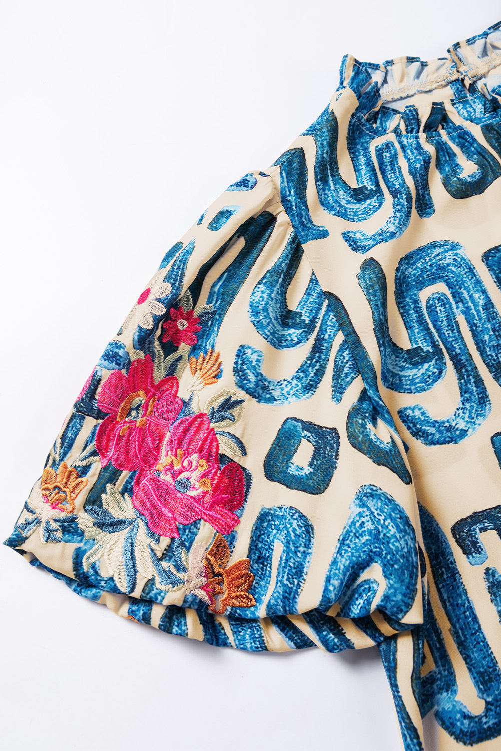 Beige Abstract Print Bubble Sleeve Button up Mini Dress