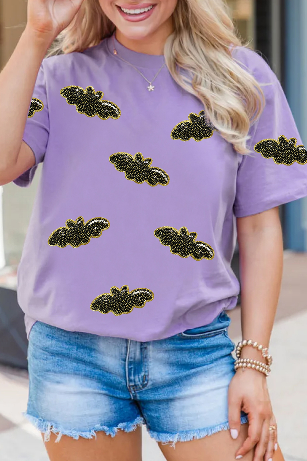 Wisteria Sequin Halloween Bat Patched Casual T Shirt