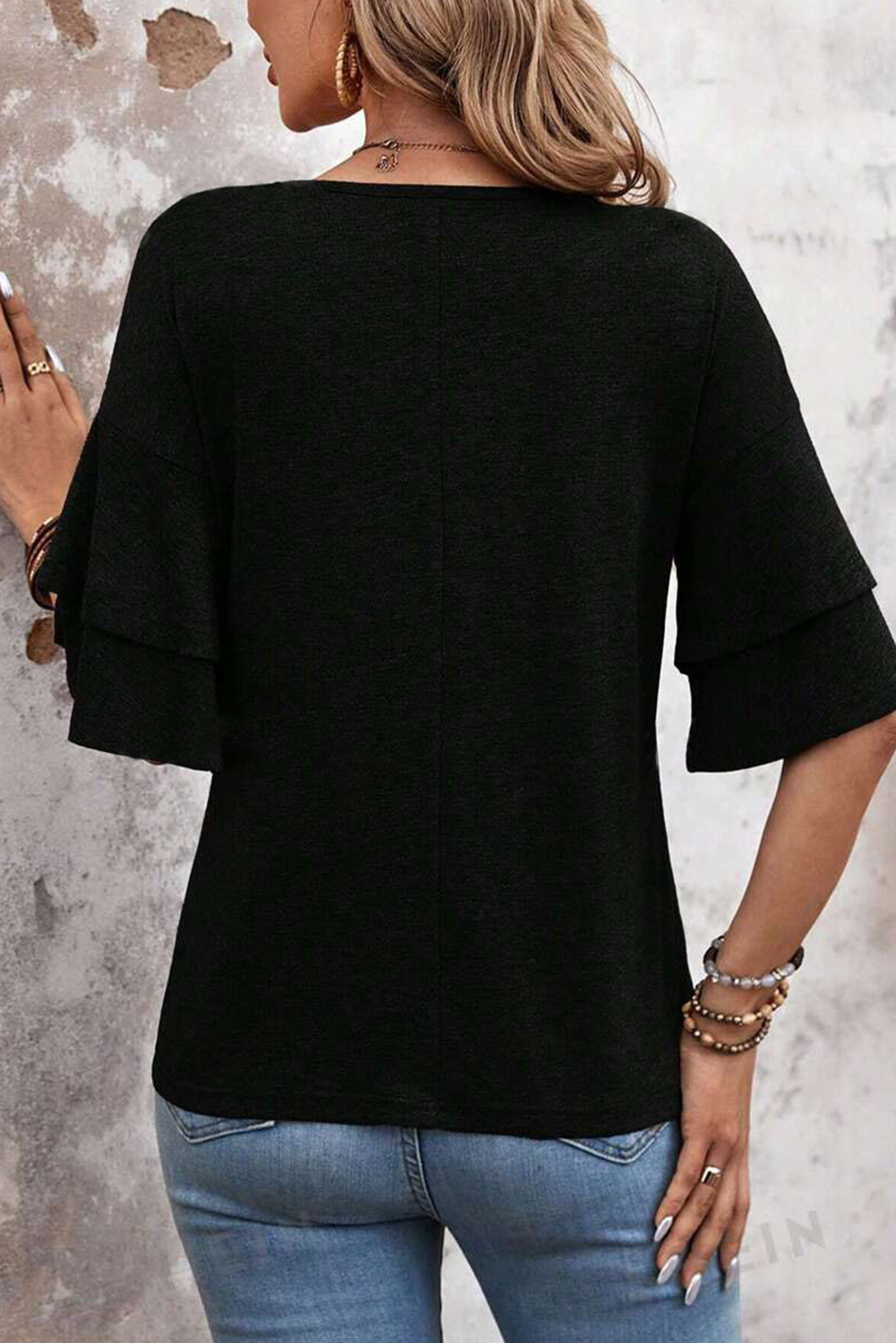 Sail Blue Solid Colour V-Neck Double Layer Sleeve Loose T-Shirt