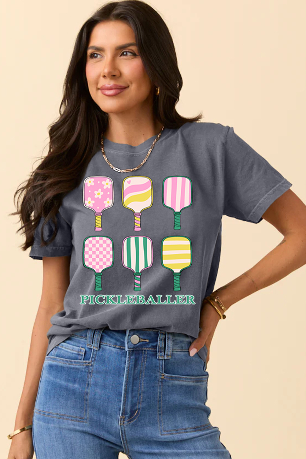 Gray PICKLEBALLER Playful Bats Printed Casual T Shirt