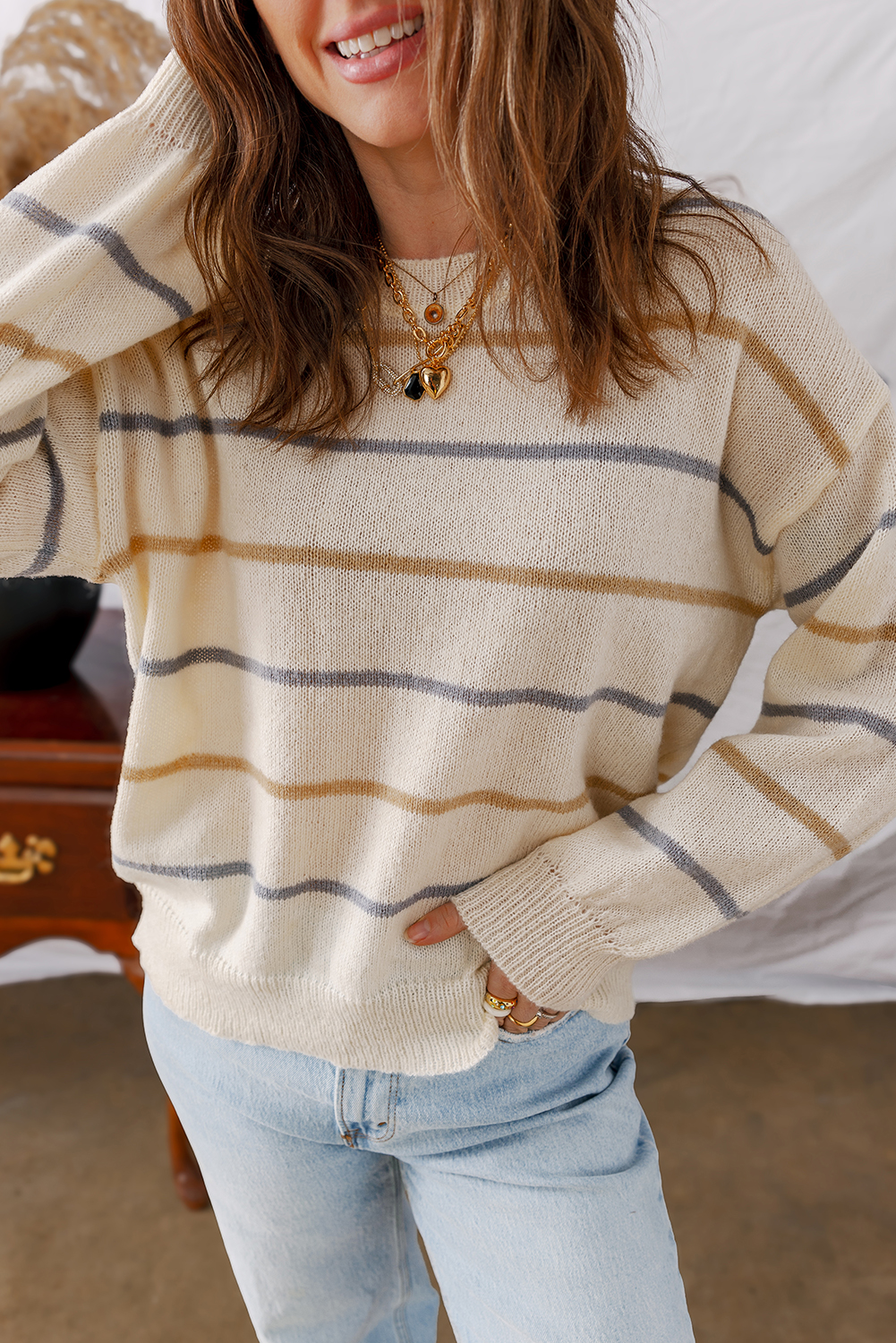 Multicolour Striped Buttoned Front V Neck Drop Shoulder Cardigan Sweater