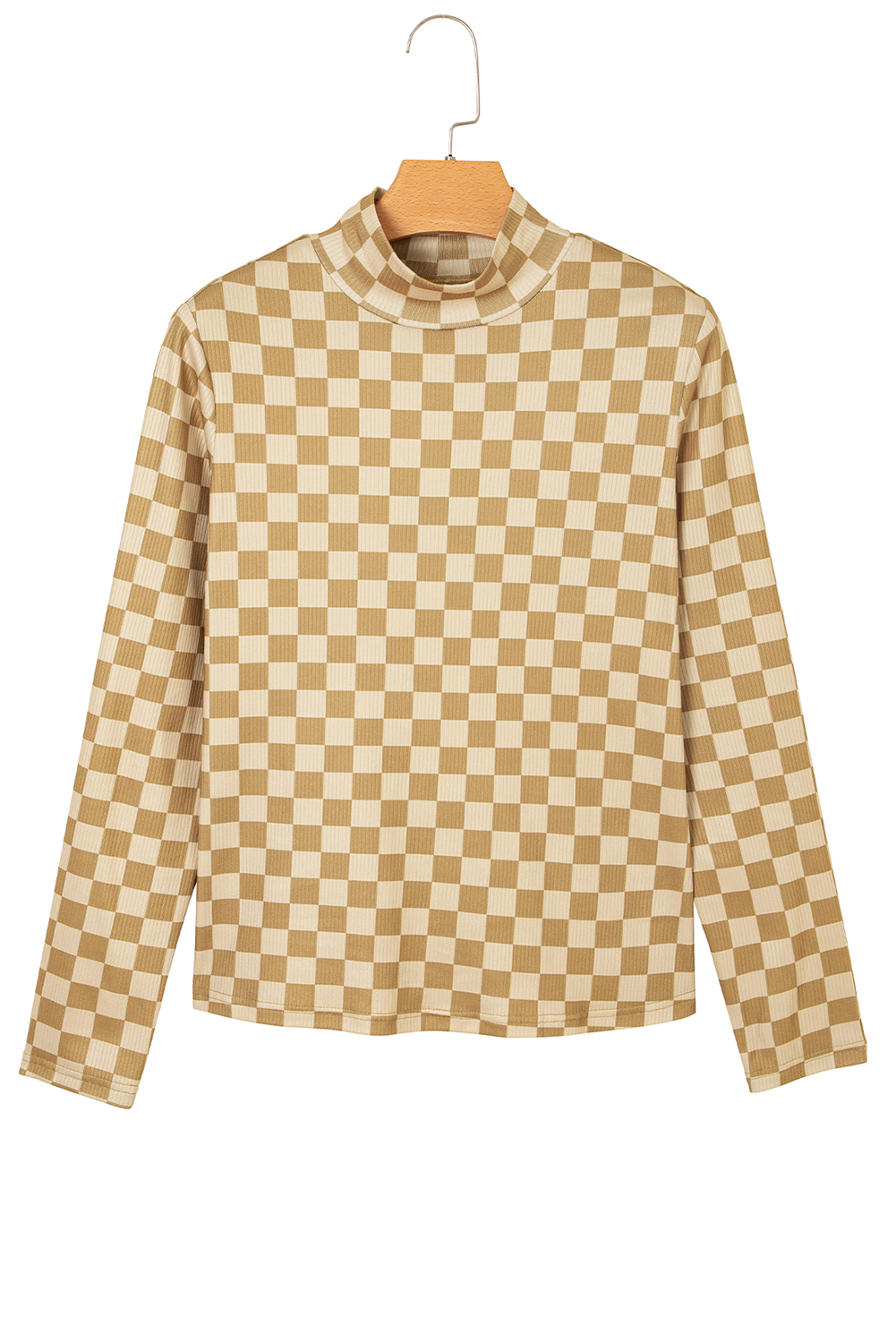 Khaki Check Pattern Turtleneck Ribbed Slim Long Sleeve Tee